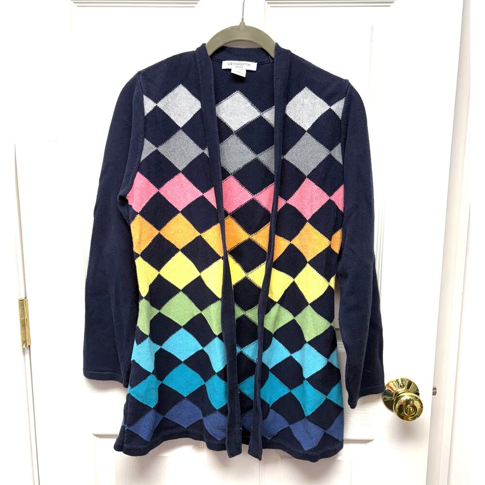 Liz Claiborne Sweater Rainbow Grannycore Cardigan Cotton Argyle Diamond Size PM